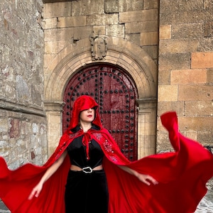 Red Velvet Hooded Cloak with Spiderweb Embroidery, Vampire Witch Cape, Little Red Riding Hood Fantasy Costume, Handmade Wedding Gift, Unisex