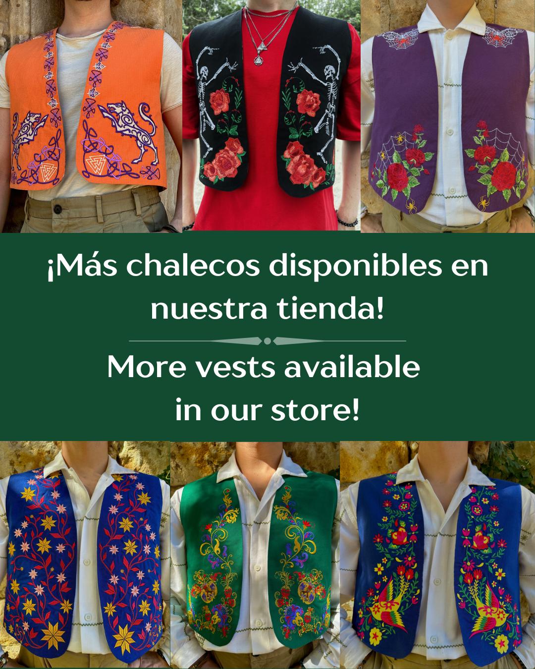 グリーンフローラル刺繍ベスト - スペインの花 - ハンドメイド