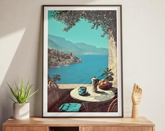Póster italiano vintage, impresión artística de café y costa, decoración rústica mediterránea