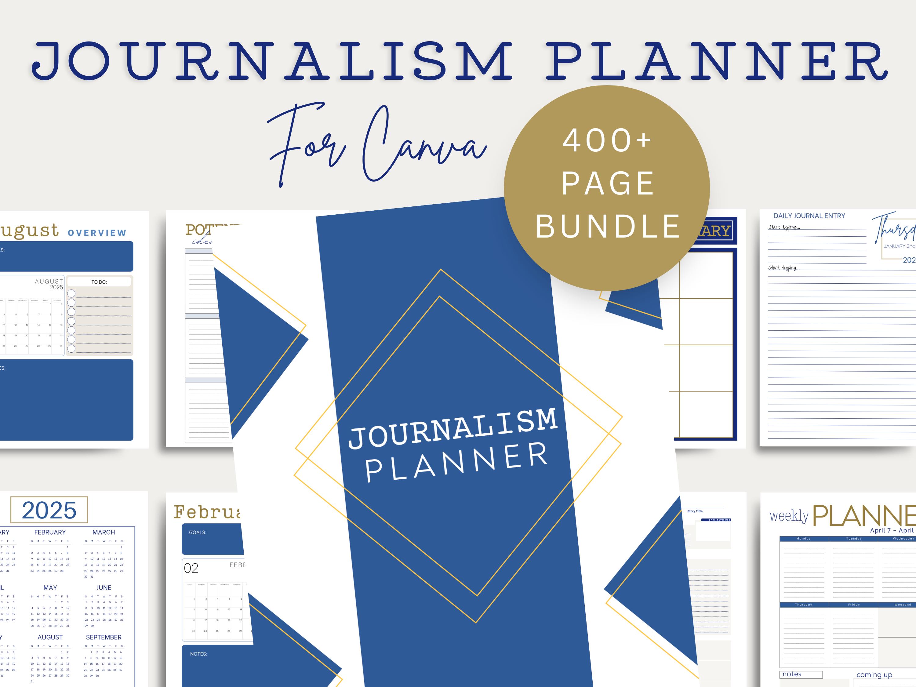 400+ Page Canva Journalism Planner Journal Organizer Template Bundle, Planning Book, Calendar, Tracker, Schedule, Editorial, News, Binder