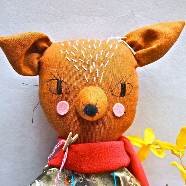 Rag doll cloth art doll linen embroidered face Molly Dolly, Felicity Fox