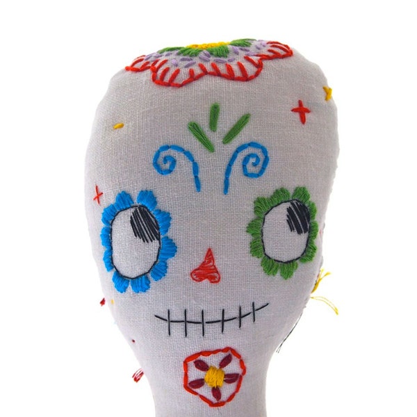 Day of the dead sugar skull skeleton doll embroidered linen Dia de los muertos cloth doll