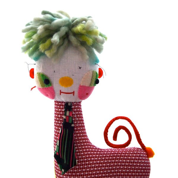 Art doll cloth horse woodland hoot lime green and red Dizzy McHoot