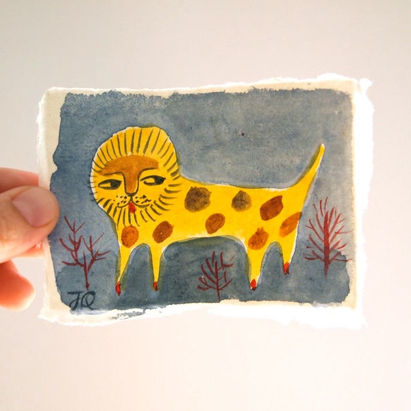 Miniature water colour folk painting Spotted Lion