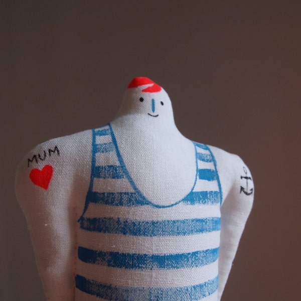Tattoo man striped swimsuit linen art display doll hand painted