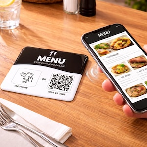 May include: A black and white menu card with the word "MENU" and a fork icon. It features options to tap a phone via NFC or scan a QR code. A smartphone displays a menu with food images.