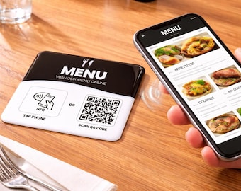 May include: A black and white menu card with the word "MENU" and a fork icon. It features options to tap a phone via NFC or scan a QR code. A smartphone displays a menu with food images.