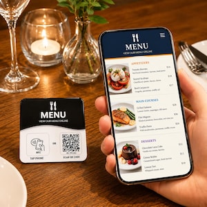 May include: A square black and white NFC menu sign with a QR code and the text MENU VIEW OUR MENU ONLINE, alongside a smartphone displaying a digital restaurant menu with sections for appetizers, main courses, and desserts with listed prices.