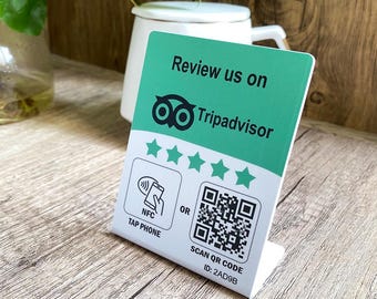 Señal con código QR de TripAdvisor, Trustpilot y Google Review: Soporte para toque NFC