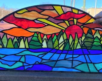 Stained Glass Arched Window - W-413 Sunset in the Forest