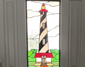 Nautical Lighthouse Stained Glass Panel – St Augustine Coastal Window Insert Door Window D-78