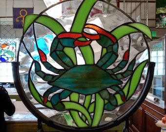 Stained Glass Panel with Stand - CG-7 Round 12" - Crab in Seaweed