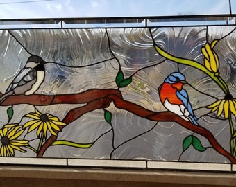 Stained Glass Window - W-379  Bluebird & Chickadee on the Tree