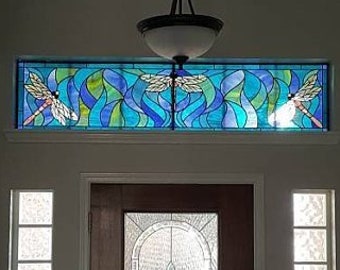 Stained Glass Transom Window - TW-217-Dragonflies