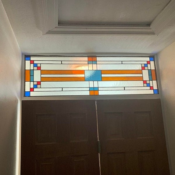 Stained Glass Panel - P-145 White and Blue Rectangles