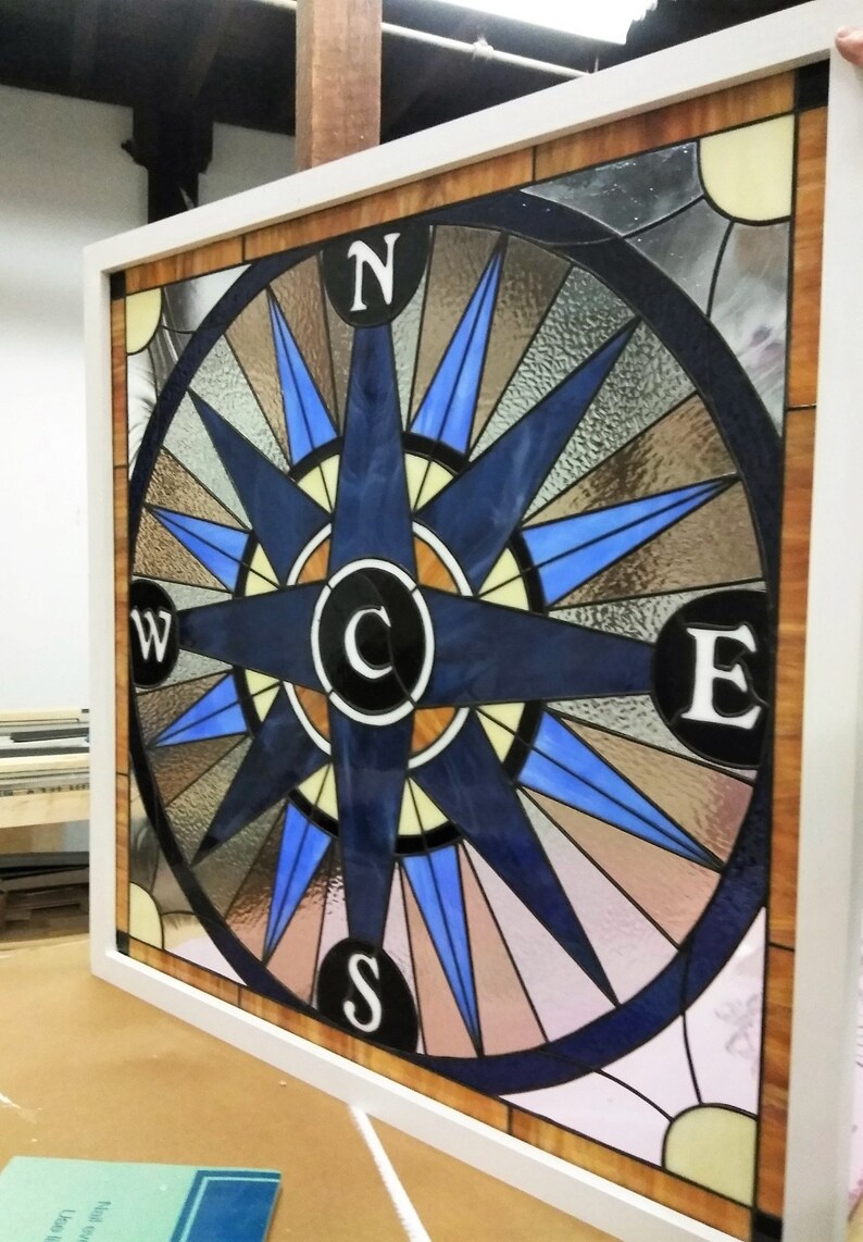 W222 Antique Compass Rose Stained Glass Window Etsy