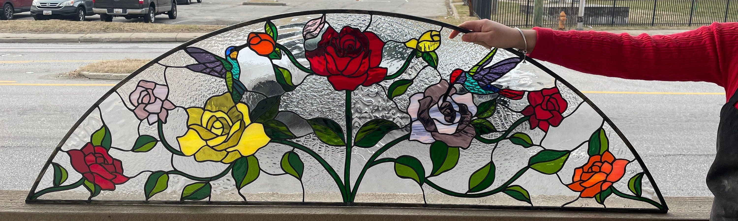 Stained Glass Transom Window - TW-333 Roses and Hummingbirds
