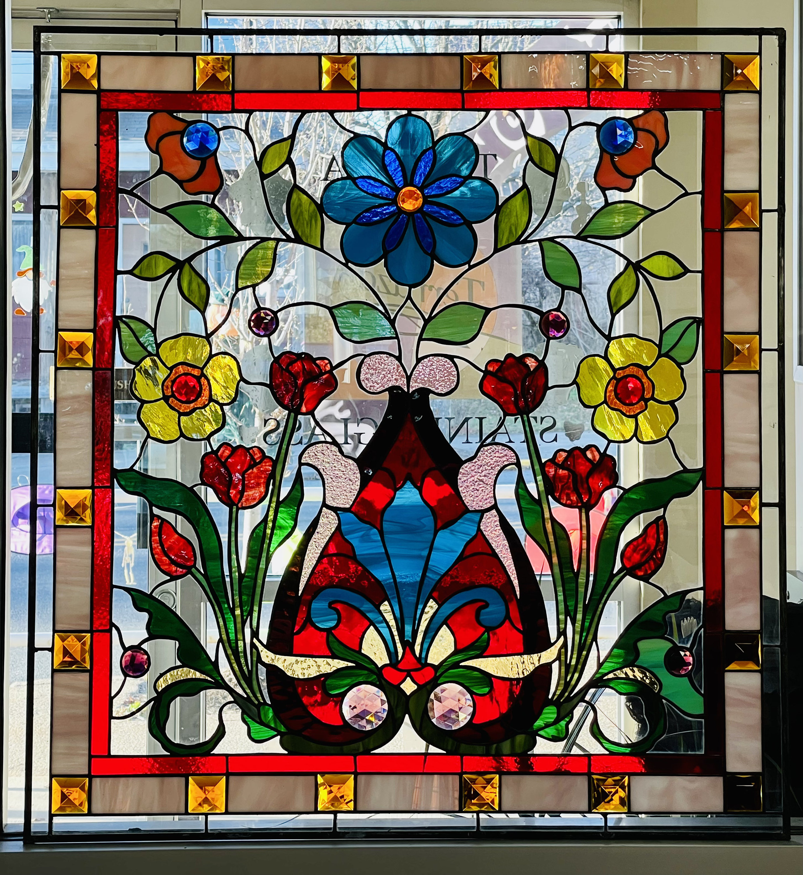 【希少】ヴィンテージ ART glass STENHYTAA W.W. Stained Glass Window Floral Art Nouveau W-520 - Etsy
