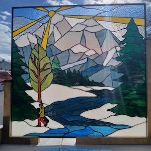 Winter Mountain Stained Glass Window W-588