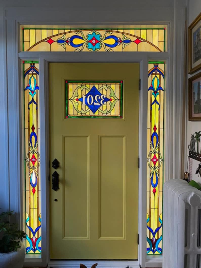 S37 Bright Victorian Entry Set Stained Glass Sidelights Etsy