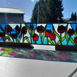 Stained Glass Transom Window Red Tulips Field TW-366