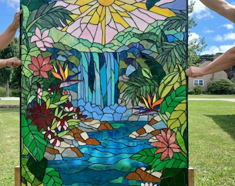 Handcrafted Topical Waterfall Stained Glass Window W-592