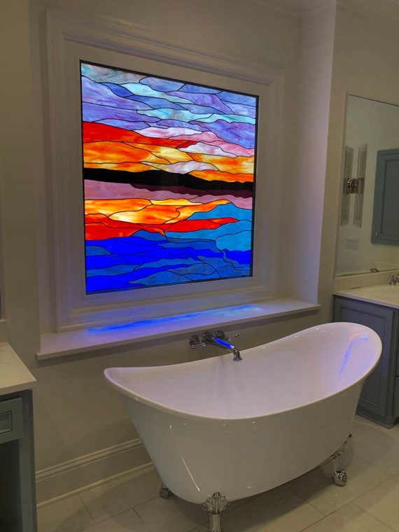 Personalized Stained Glass Window W 416 Sunset at the Beach Bathroom Etsy UK