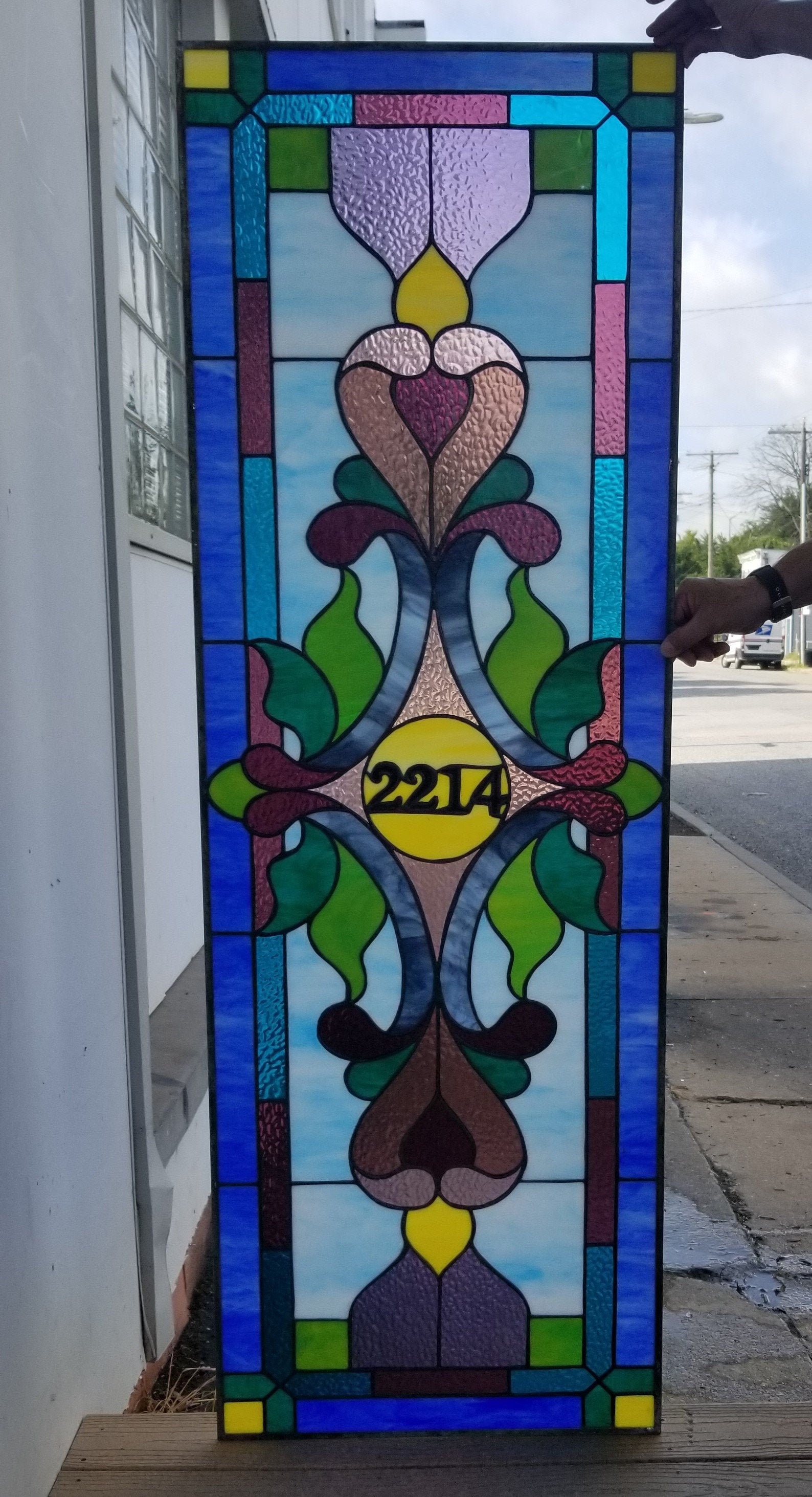 Sapphire Scroll Artisan Leaded Glass Panel With Custom Numerals