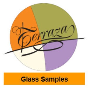 May include: A circle divided into four sections, each a different color: orange, green, white, and purple. The word "Terraza" is written in a cursive font across the circle. The text "Glass Samples" is written in a white font on an orange background.