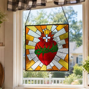 Sacred Heart Thorns Sunburst Stained Glass Hanging Panel Window W