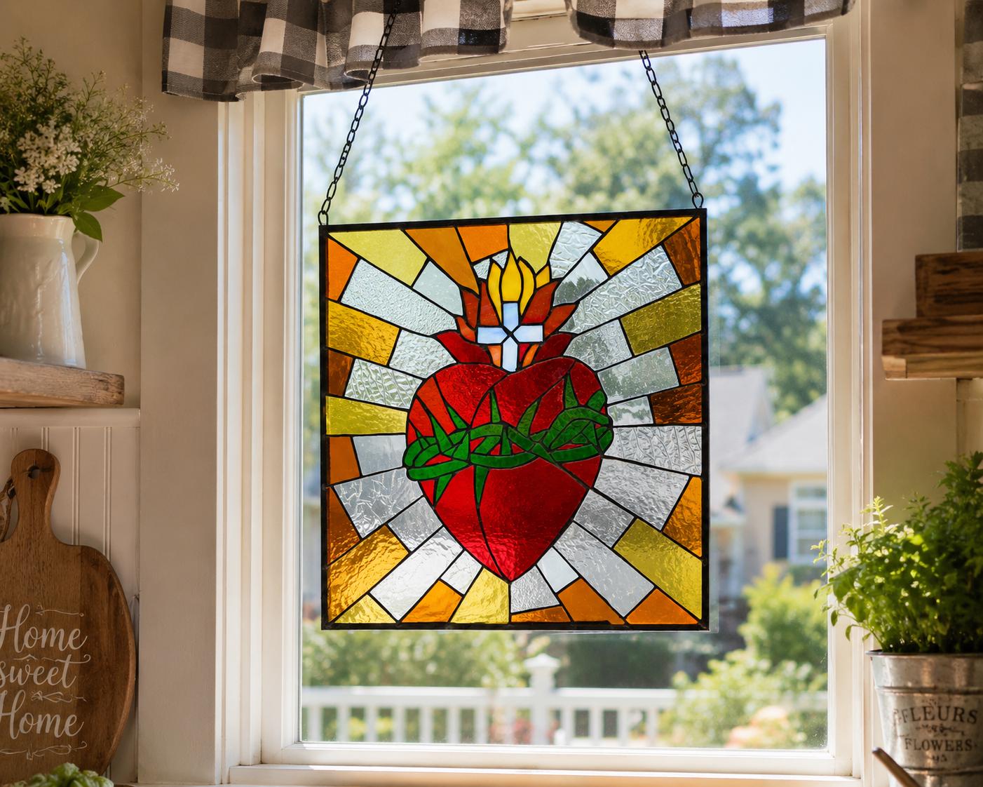 Sacred Heart Thorns Stained Glass Hanging Panel Window W-570 - Etsy