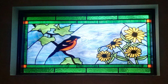 Stained Glass Transom Window - TW-7 Oriole and Black Eyed Susan