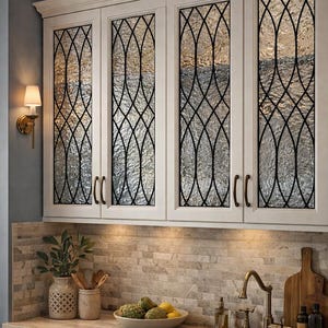May include: White kitchen cabinets with decorative glass panels and black metal detailing. The cabinets are above a countertop with a sink, faucet, and decorative items. A wall sconce provides soft lighting.