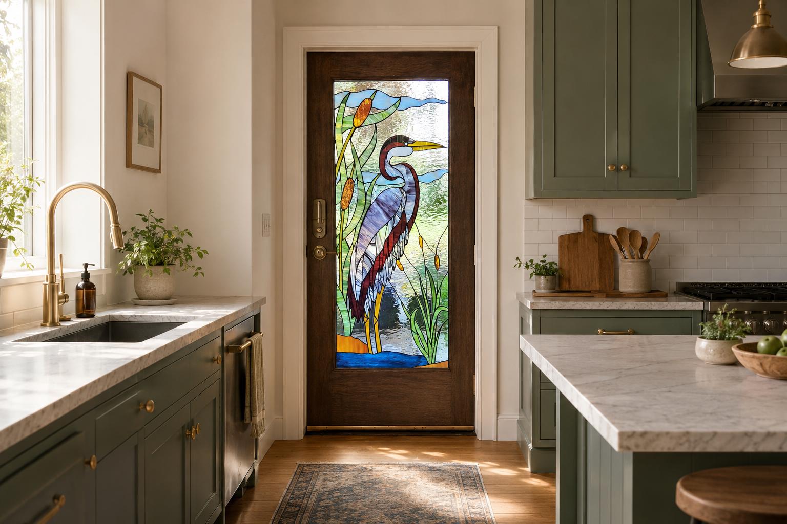 Lakeside Sentinel Great Blue Heron Stained Glass Panel Door Window