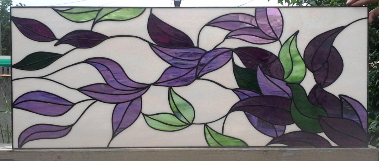 Emerald and Amethyst Cascade Magic Leaves Stained Glass Transom