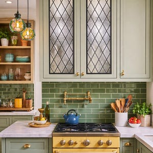 May include: A kitchen with sage green cabinets, a yellow oven, and a green tile backsplash. The upper cabinets have diamond-patterned glass inserts. Decorative pendant lights hang above the countertop. A blue kettle sits on the stove.