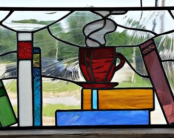 Stained Glass Hanging Panel - P-135 Books and Tea Cup