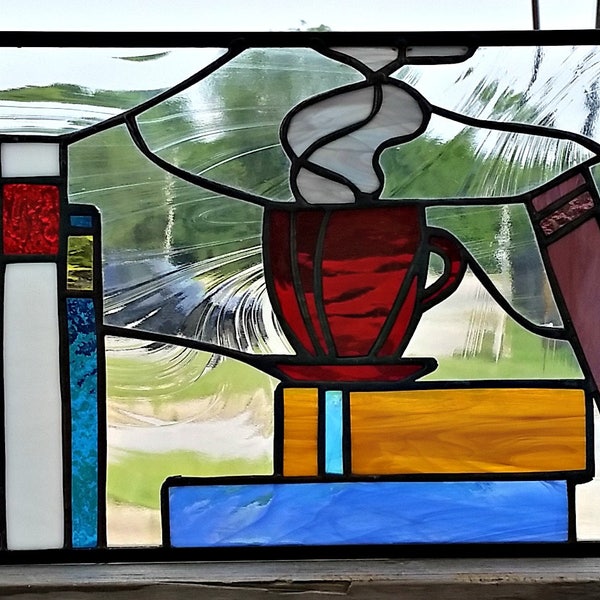 Stained Glass Hanging Panel - P-135 Books and Tea Cup