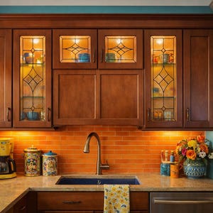 May include: A kitchen with dark brown cabinets, some with glass-fronted doors. The backsplash is orange tile, and the countertop is a light beige. A colorful stained-glass pendant light hangs above the sink. A floral painting hangs on the wall.