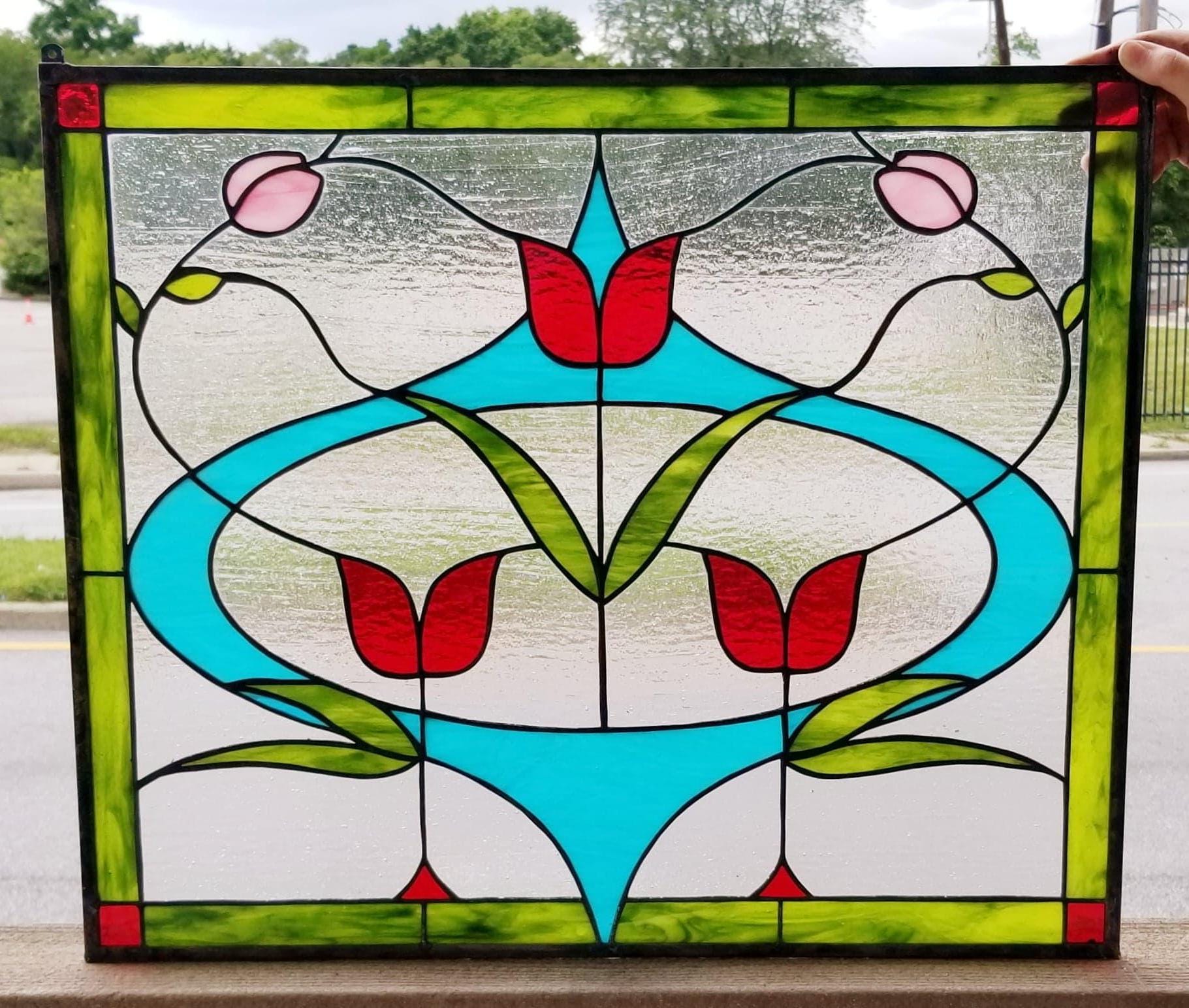 Turquoise Tulip Trellis: A Symphony in Glass Stained Glass Hanging