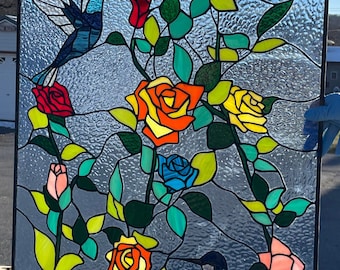 Stained Glass Window Roses and Hummingbirds W-516