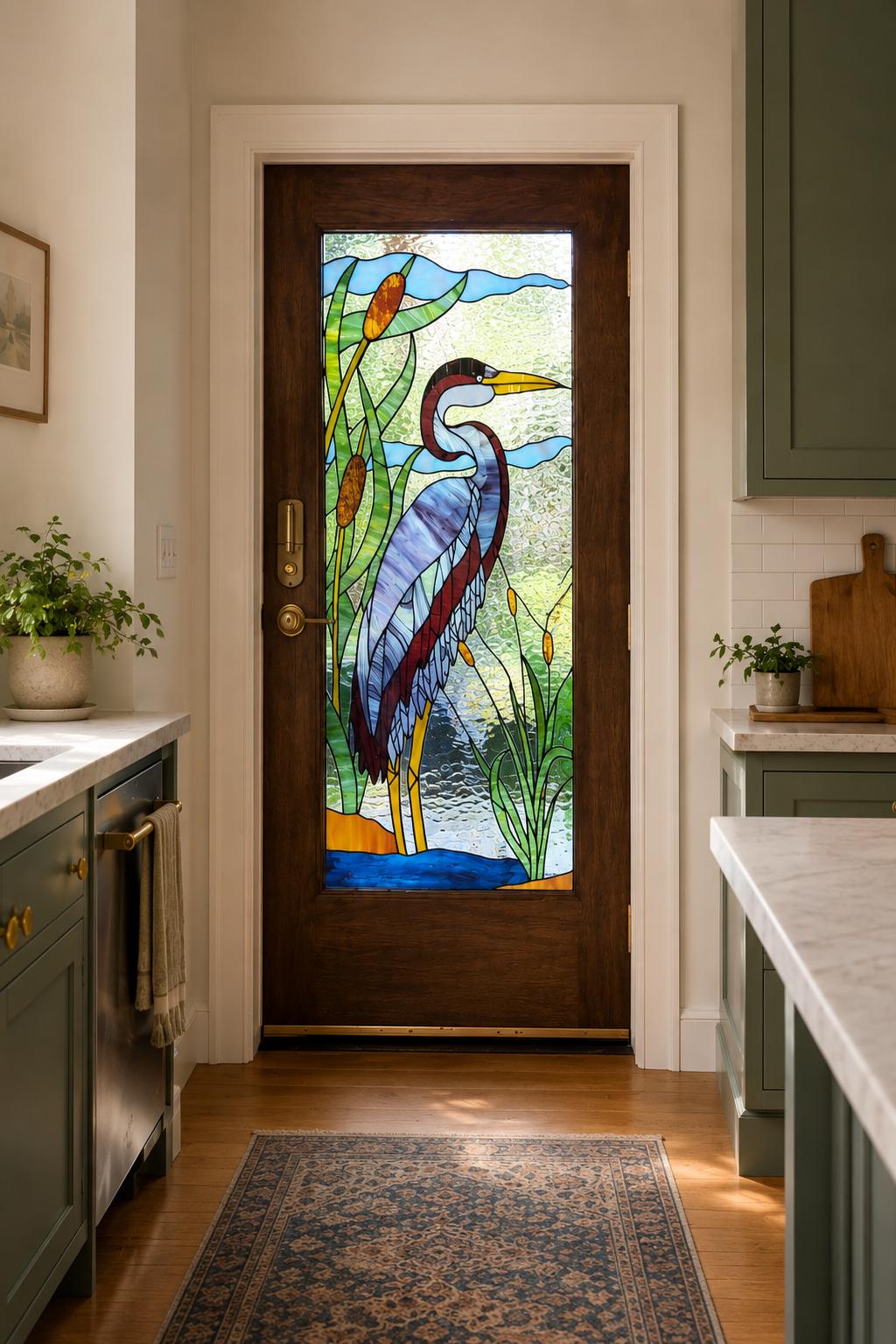 「juns」　ステンドグラス Lakeside Sentinel Great Blue Heron Stained Glass Panel Door Window