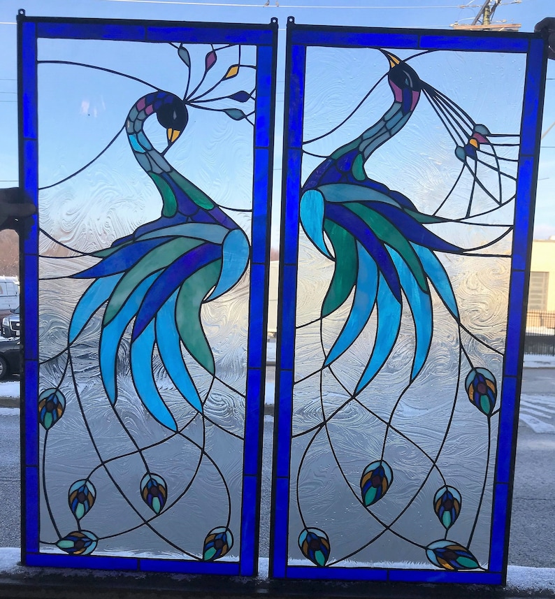 P26 Stained Glass Hanging Panels Majestic Peacocks Etsy