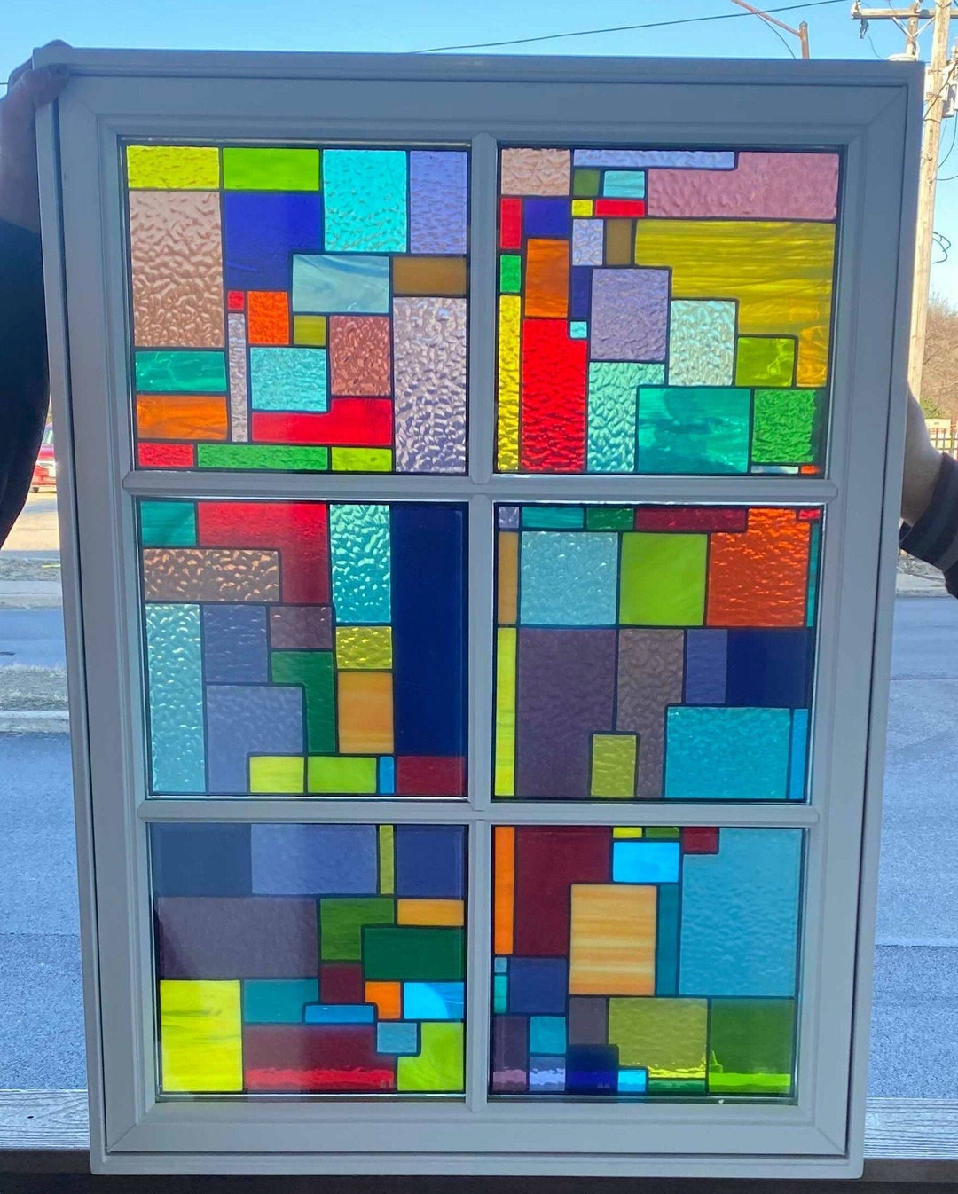 Vivid Geometric Cubism Patchwork Stained Glass Panel Window With Multi ...