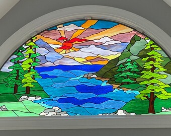 Stained Glass Arched Window W-473 Sunset In The Mountains II
