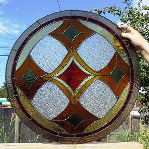 Stained Glass Round Window W-64 Warm Colored Diamonds image 4