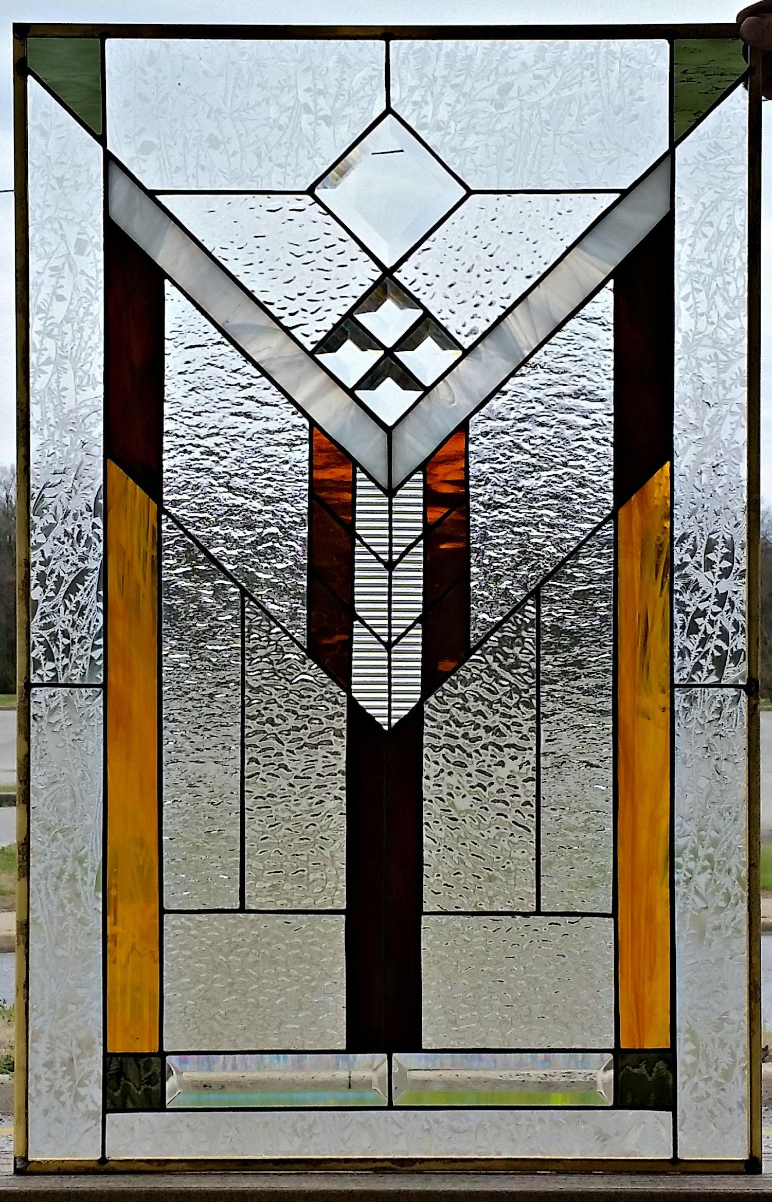 【希少】ヴィンテージ ART glass STENHYTAA W.W. Stained Glass Window - W-336 Art Nouveau Ribbons & Flowers