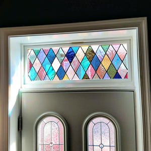 Luminous Multicolored Diamond Stained Glass Transom Window Panel with Harlequin Pattern Sophisticated Diamonds TW-133