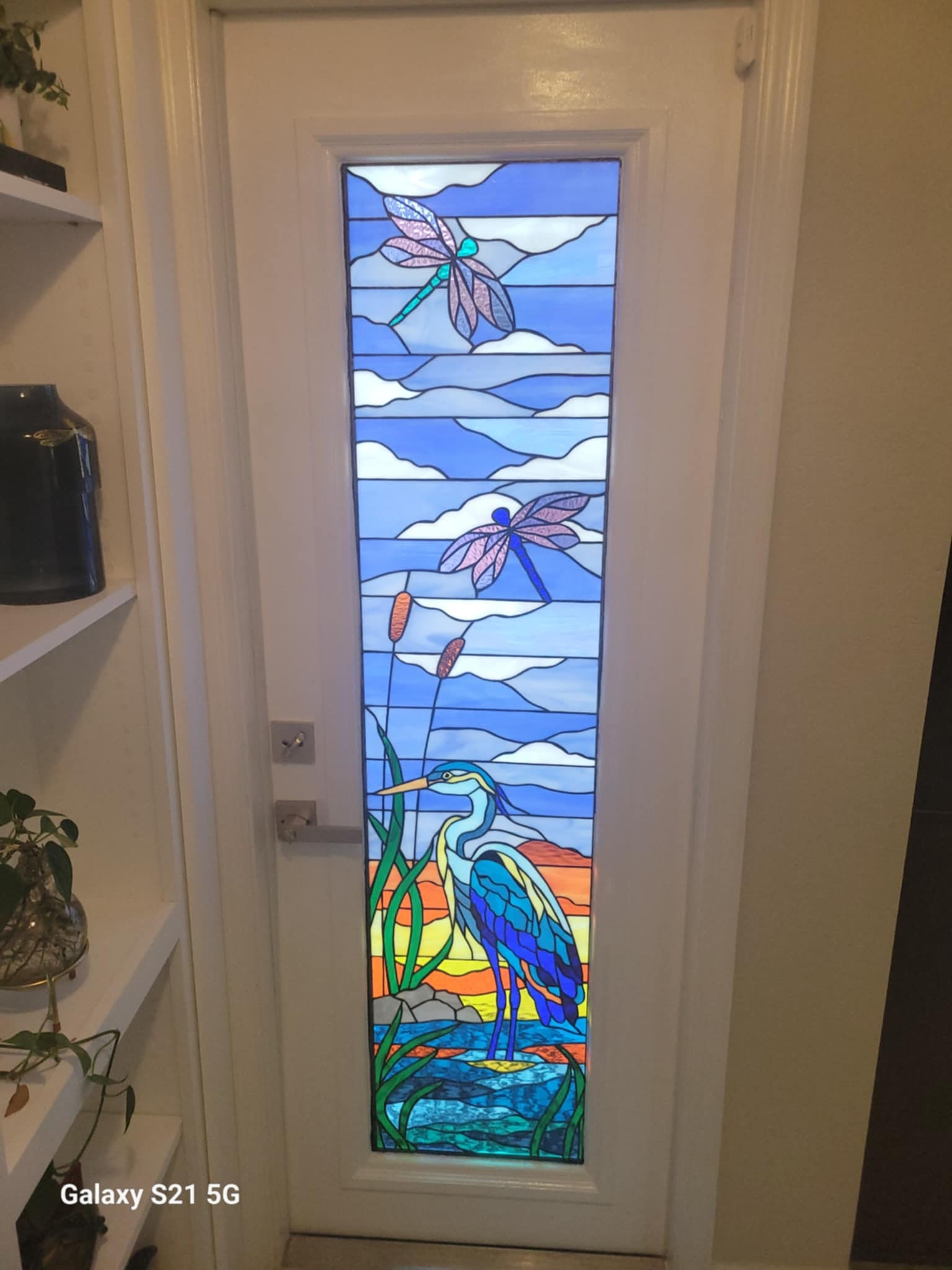 Dances on the Breeze Dragonfly Stained Glass Iridescent Blue Sky