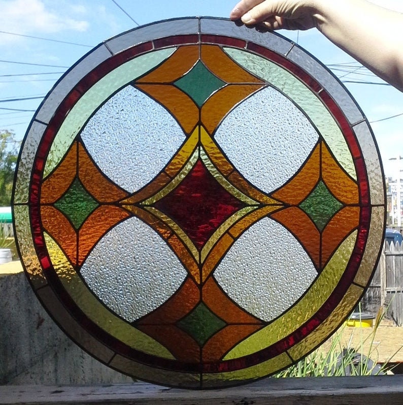 Stained Glass Round Window W-64 Warm Colored Diamonds image 2